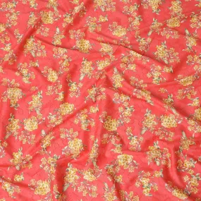 Crimson red uragiri cotton fabric with same tone jacquard having mustard, olive green and black print in floral design-D14321