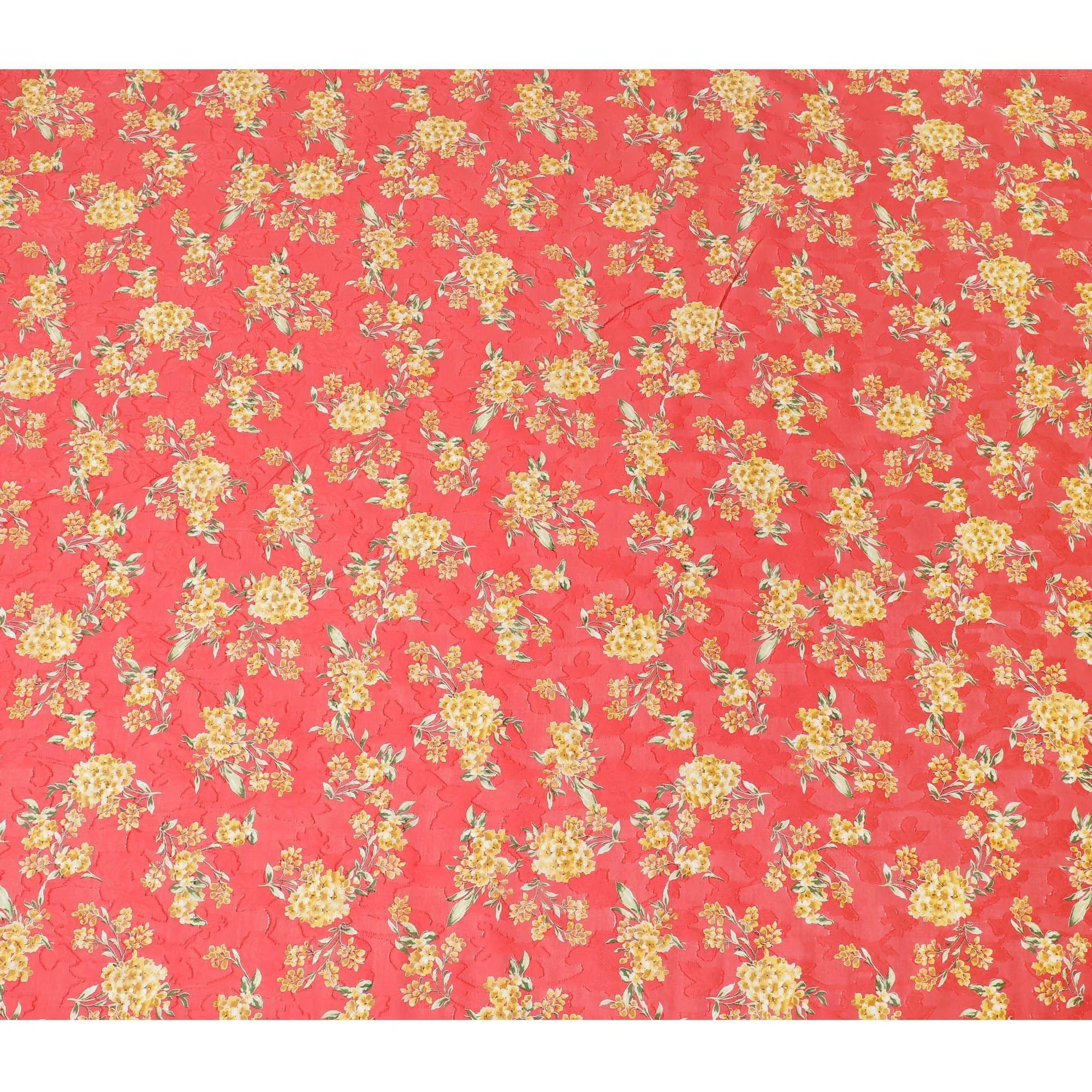 Crimson red uragiri cotton fabric with same tone jacquard having mustard, olive green and black print in floral design-D14321