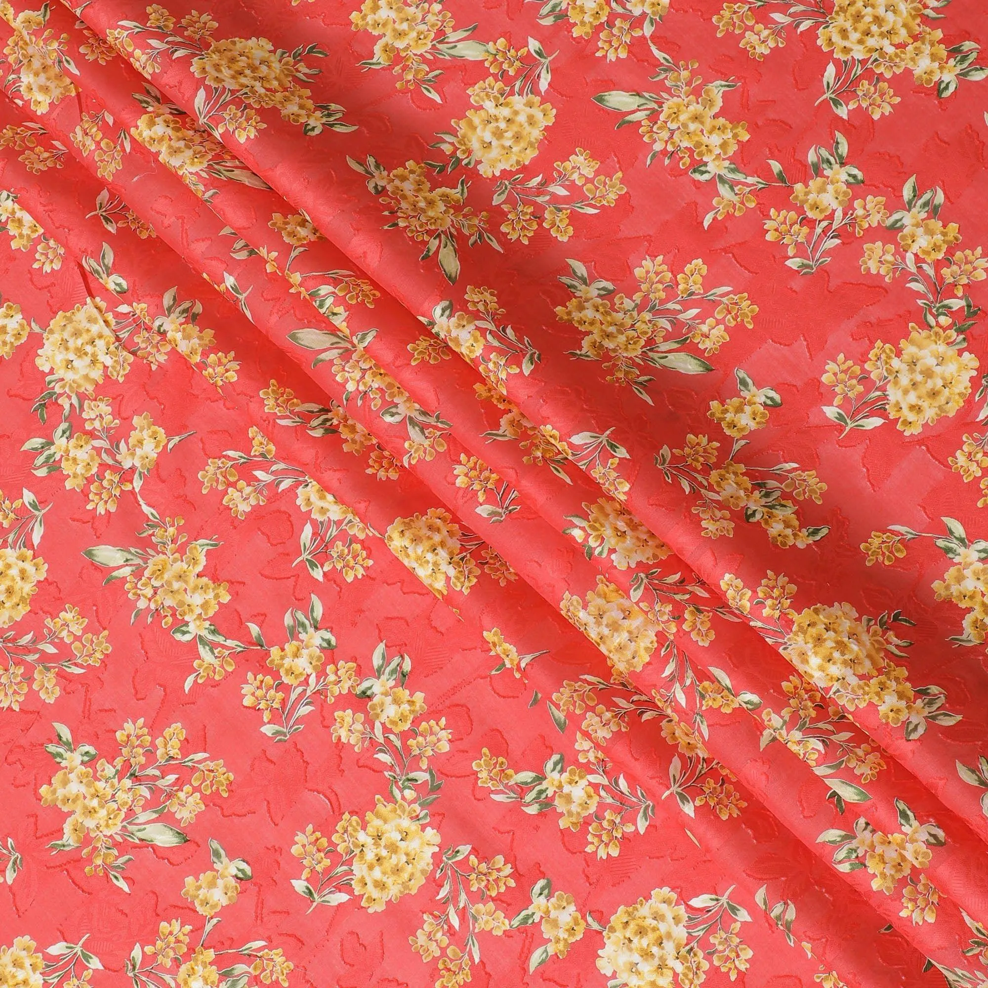 Crimson red uragiri cotton fabric with same tone jacquard having mustard, olive green and black print in floral design-D14321