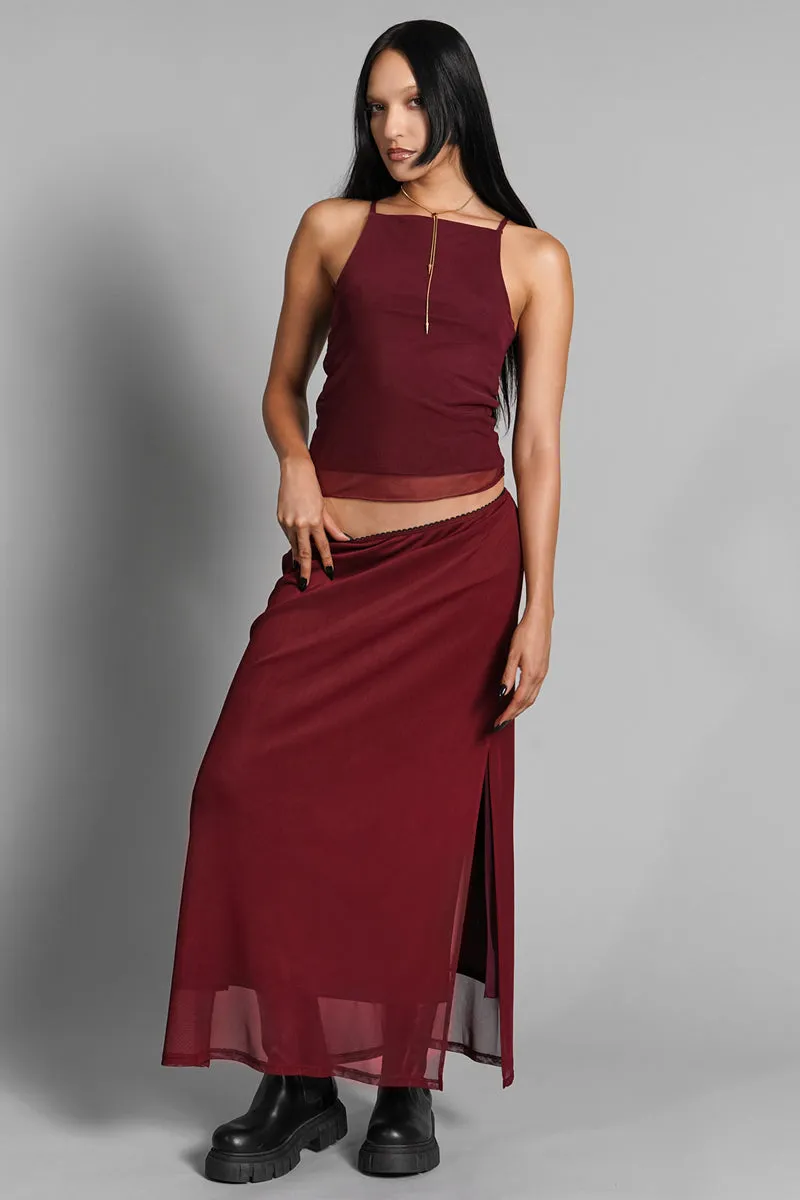 Crimson Veil Mesh Skirt