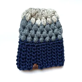 Crochet Puff Stitch Slouch Hat | Blue   Grey   Wheat