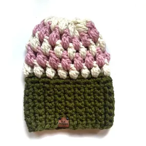 Crochet Puff Stitch Slouch Hat | Green   Pink   Cream