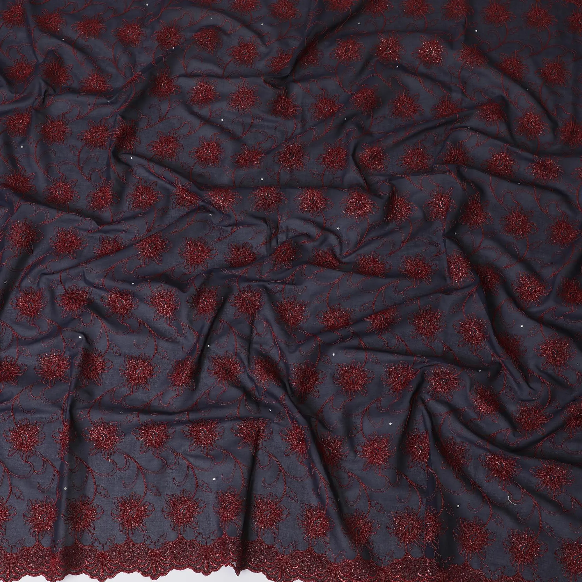 Dark navy blue Premium pure 100% Swiss cotton voile (Sudanese Thobe) fabric with crimson red and gold embroidery having stone work in fancy design-D13799