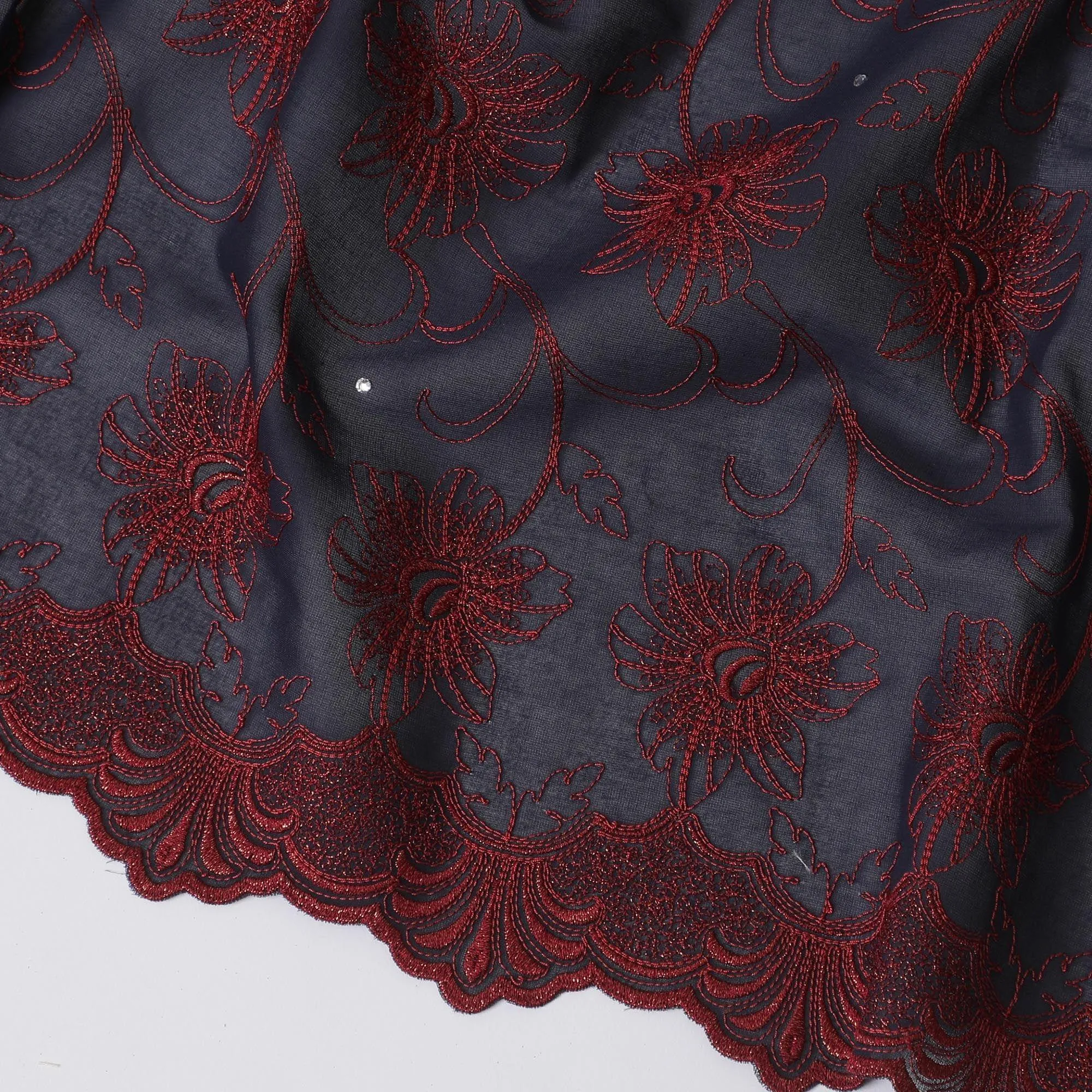 Dark navy blue Premium pure 100% Swiss cotton voile (Sudanese Thobe) fabric with crimson red and gold embroidery having stone work in fancy design-D13799