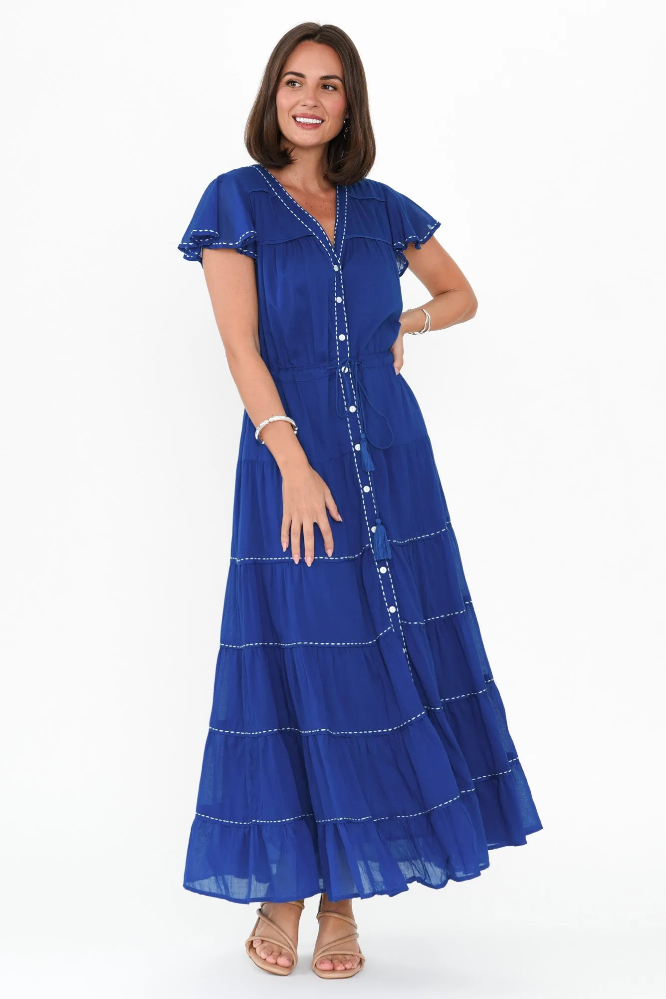 Delilah Blue Cotton Tiered Dress