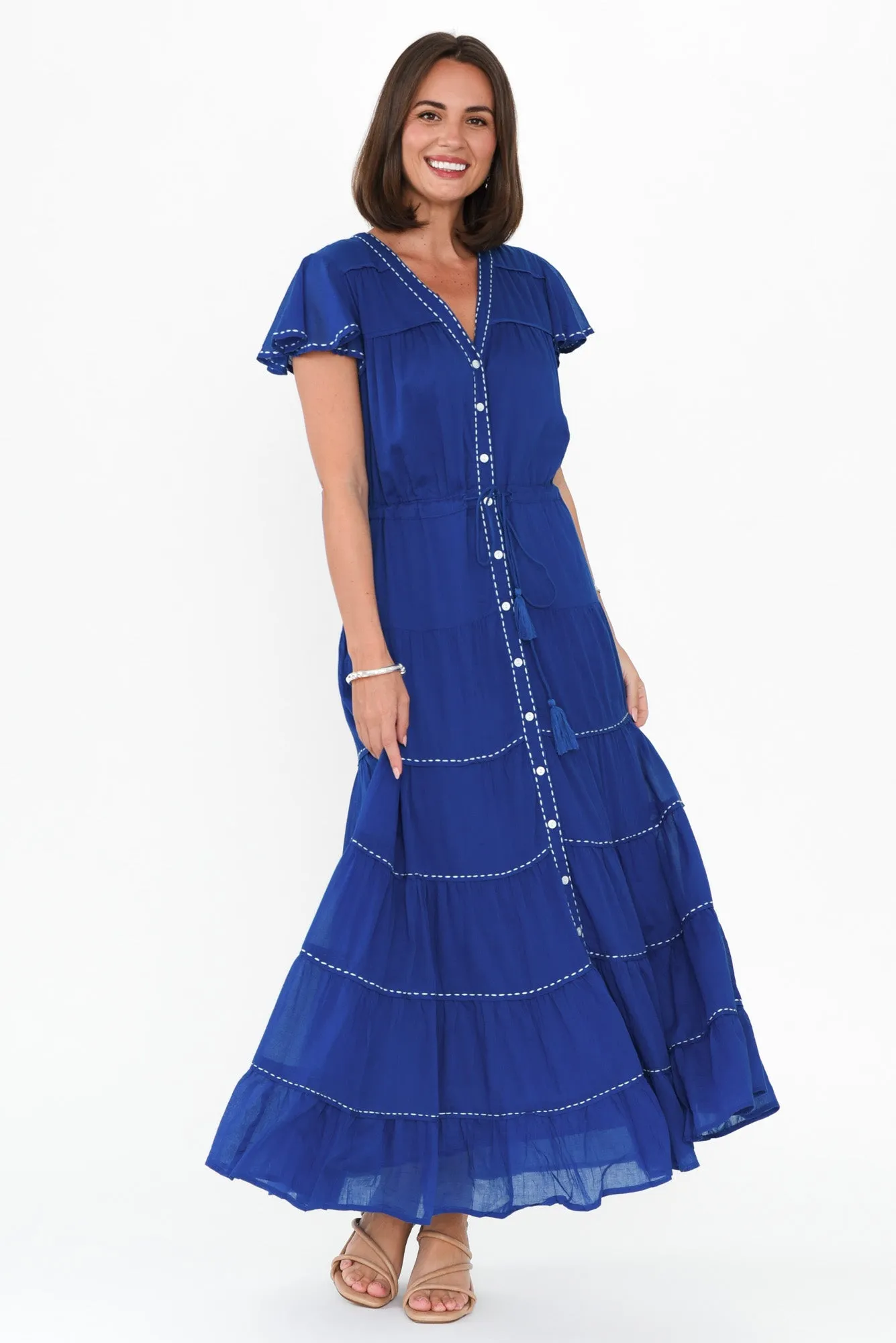 Delilah Blue Cotton Tiered Dress