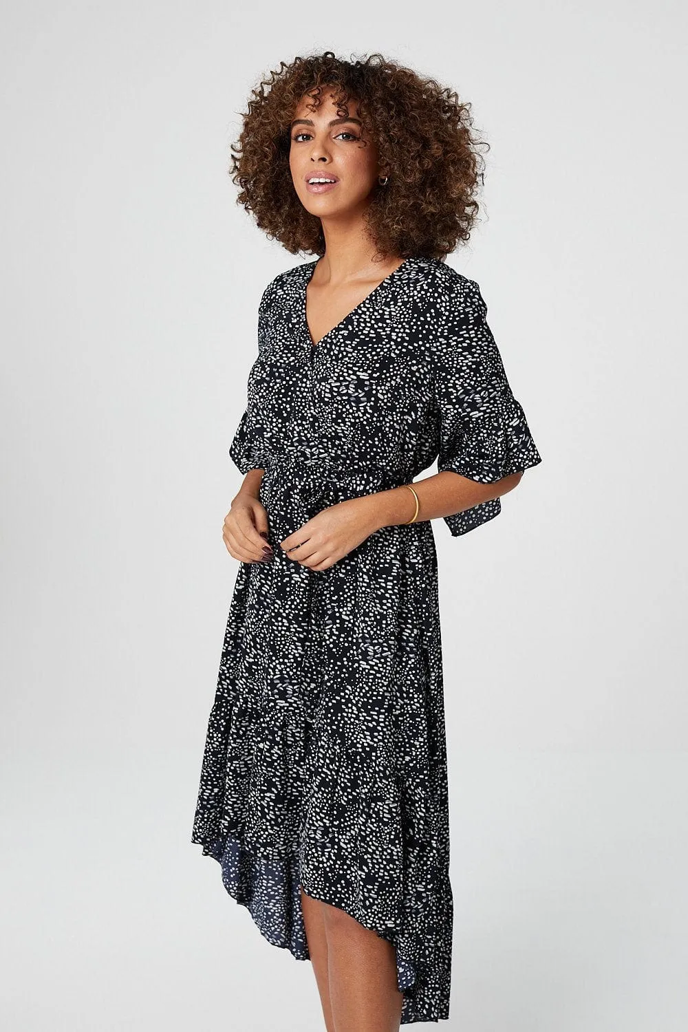 Ditsy Print Wrap Front Midi Dress