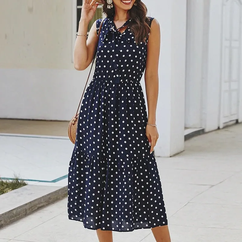 Elegant Cravat Sleeveless Polka Dot Print Office Summer A-line Casual Midi Dress