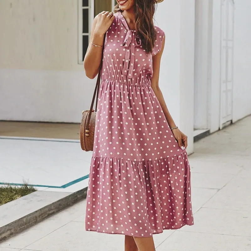 Elegant Cravat Sleeveless Polka Dot Print Office Summer A-line Casual Midi Dress