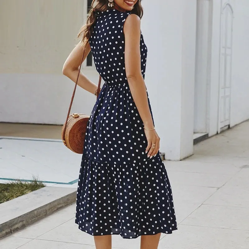 Elegant Cravat Sleeveless Polka Dot Print Office Summer A-line Casual Midi Dress