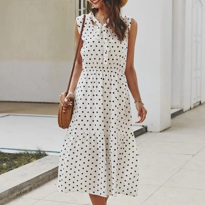 Elegant Cravat Sleeveless Polka Dot Print Office Summer A-line Casual Midi Dress