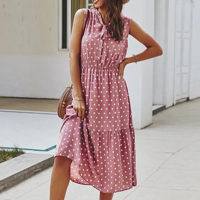 Elegant Cravat Sleeveless Polka Dot Print Office Summer A-line Casual Midi Dress