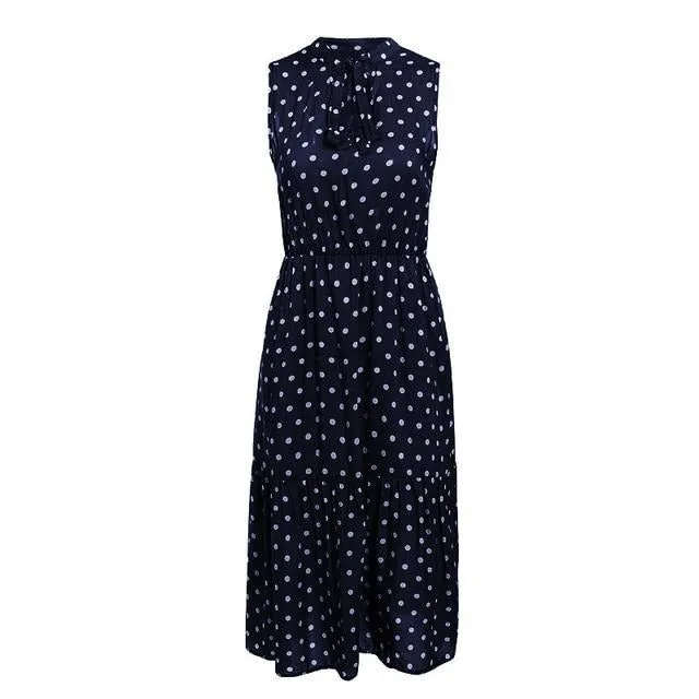 Elegant Cravat Sleeveless Polka Dot Print Office Summer A-line Casual Midi Dress