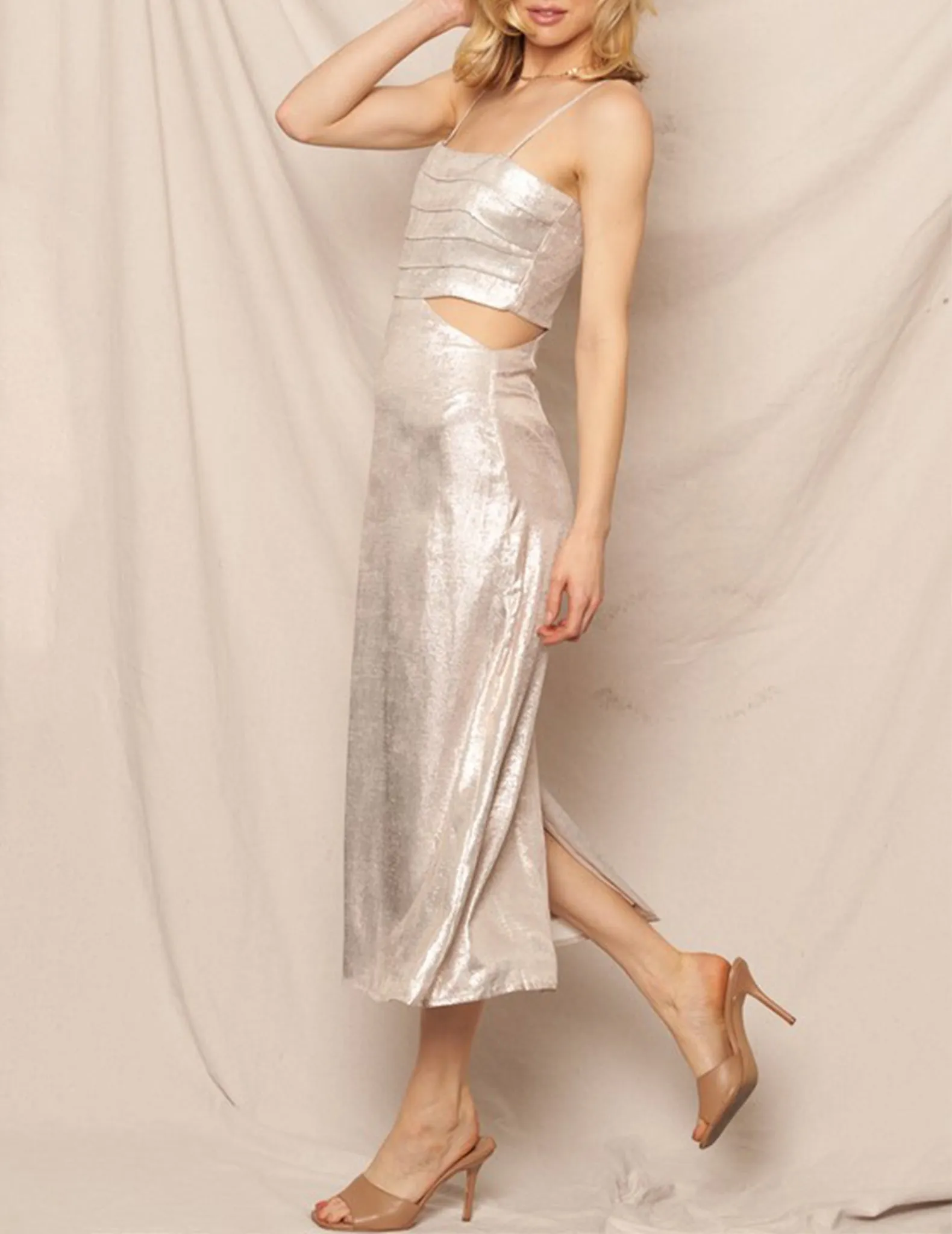 Estrella Silver Lamé Midi Dress