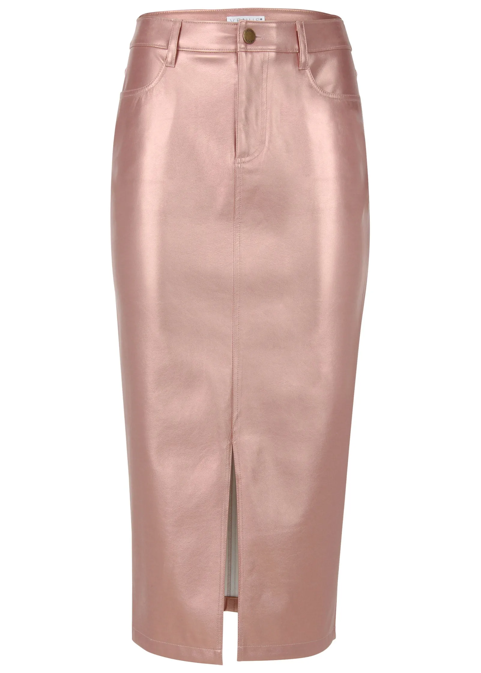 Faux Leather Midi Skirt  - Pink Metallic