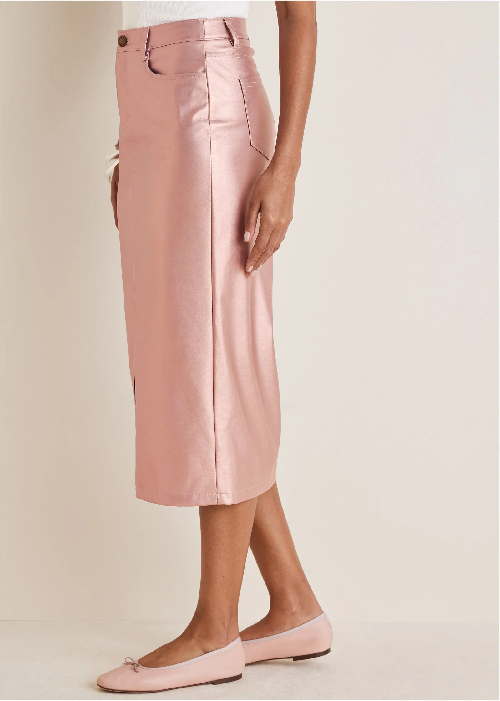 Faux Leather Midi Skirt  - Pink Metallic