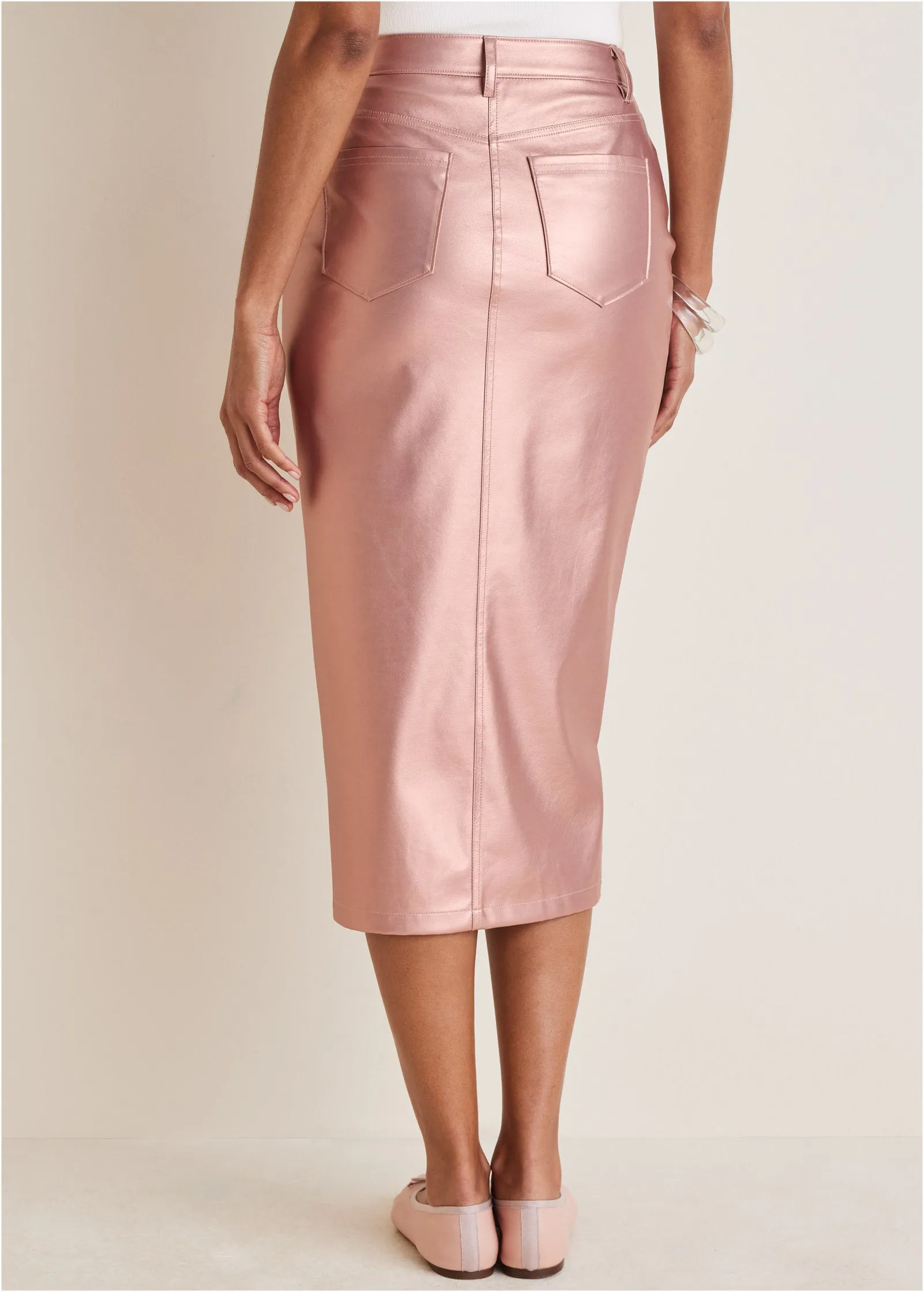 Faux Leather Midi Skirt  - Pink Metallic