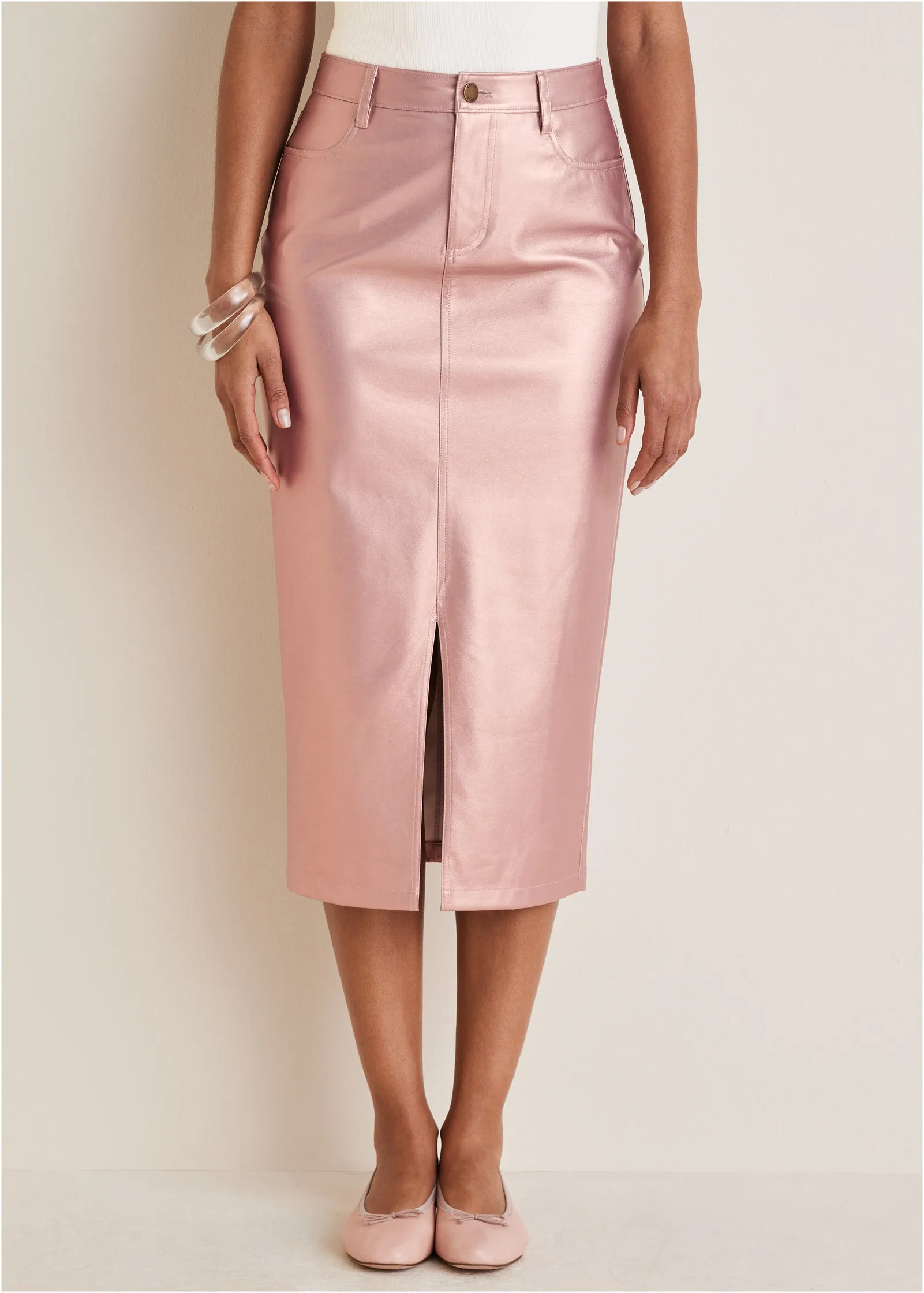 Faux Leather Midi Skirt  - Pink Metallic