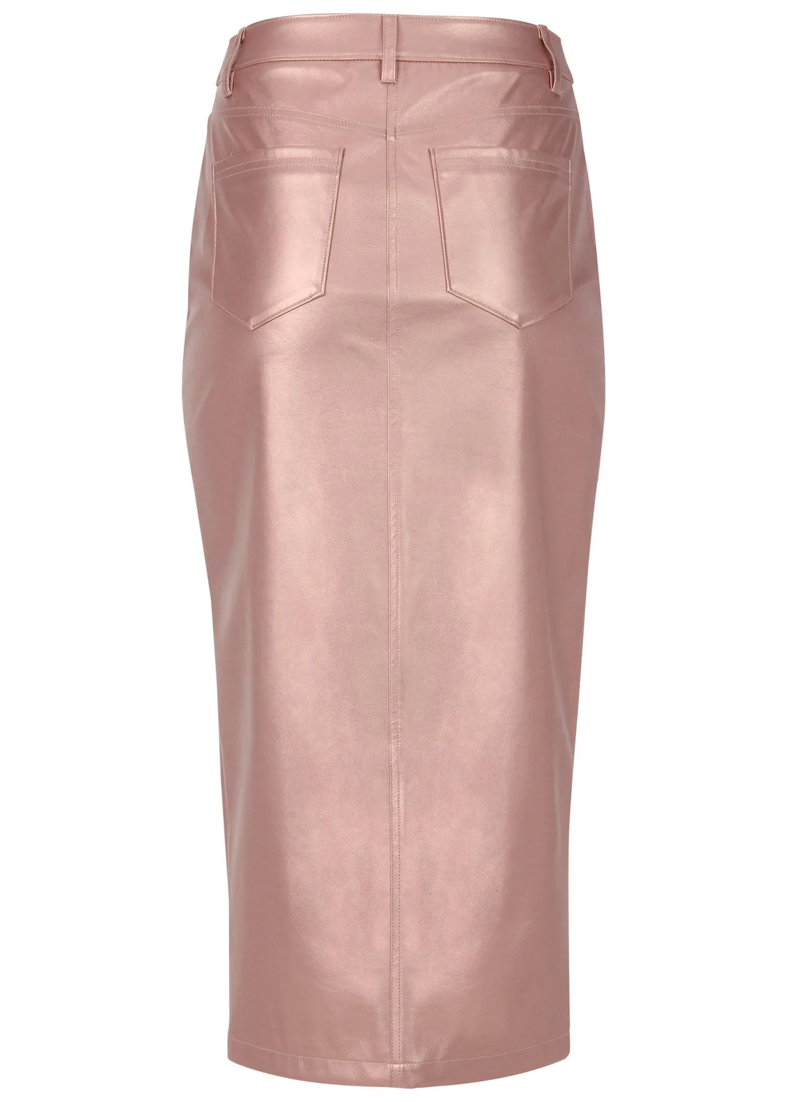 Faux Leather Midi Skirt  - Pink Metallic