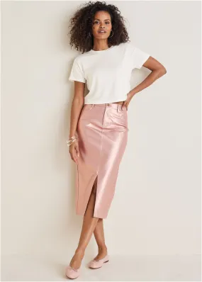 Faux Leather Midi Skirt  - Pink Metallic