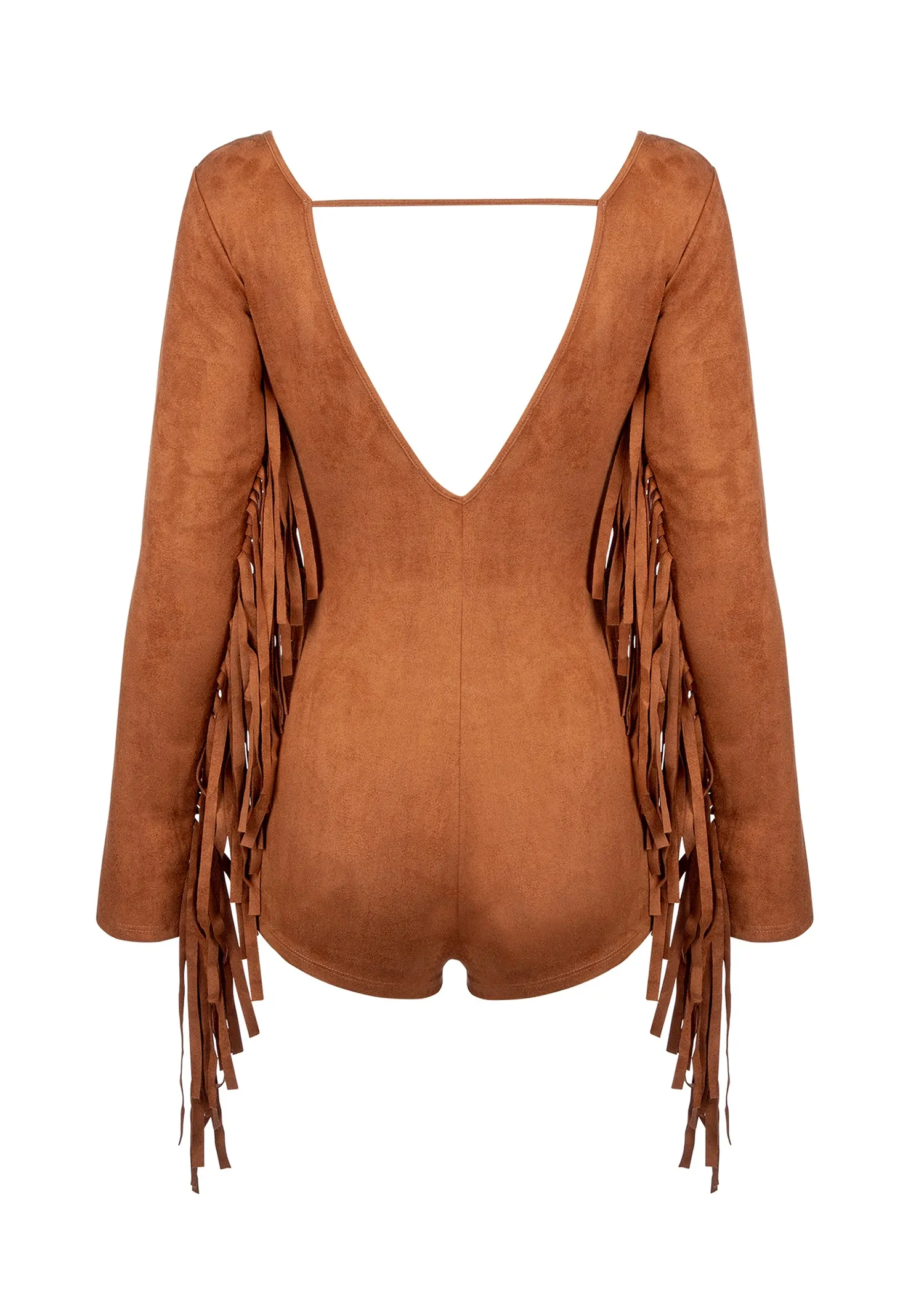 Faux Suede Romper with Fringe Detail and Deep V Neckline