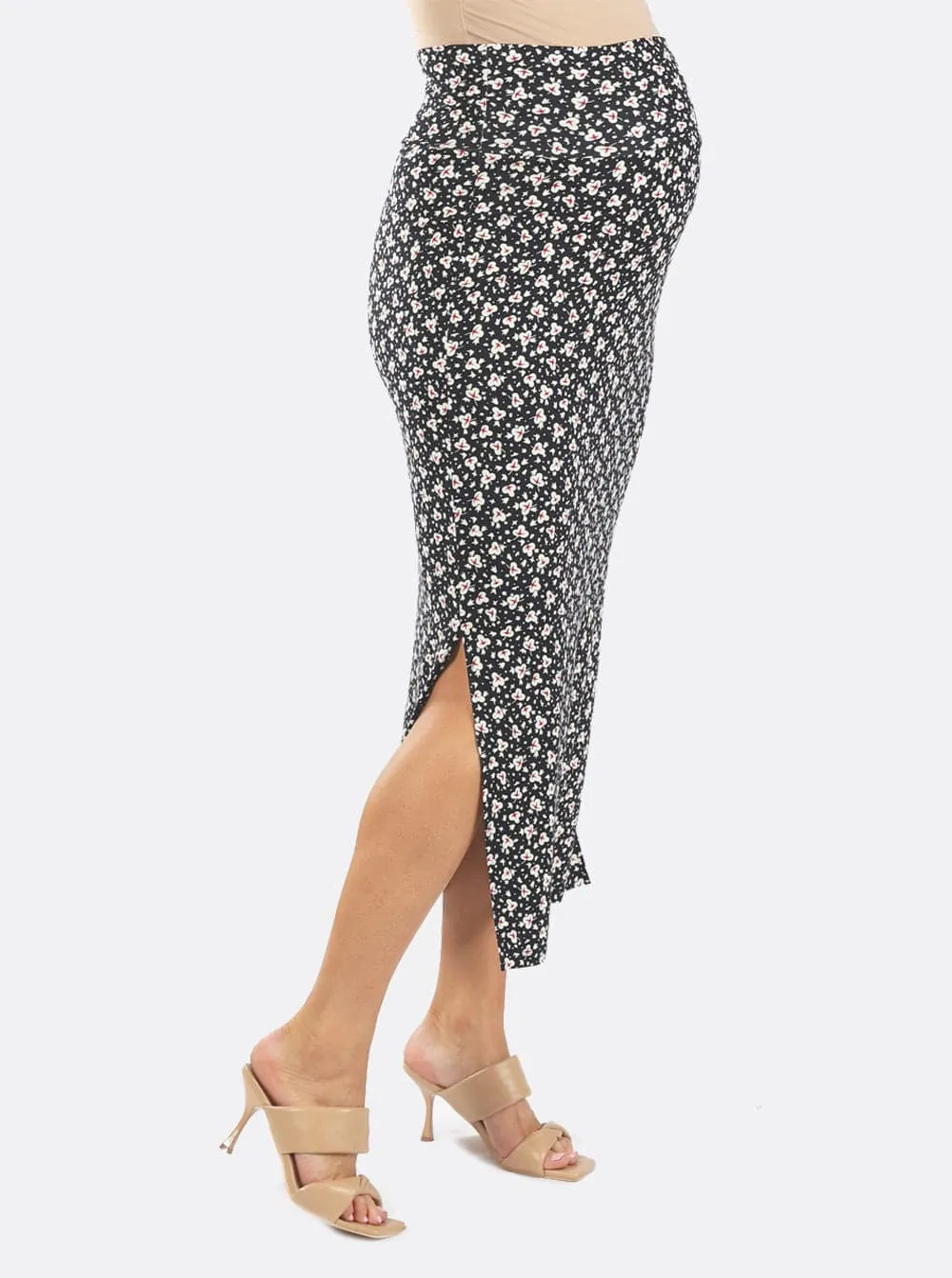 Fitted Maxi Maternity Skirt with Small Leaf Print