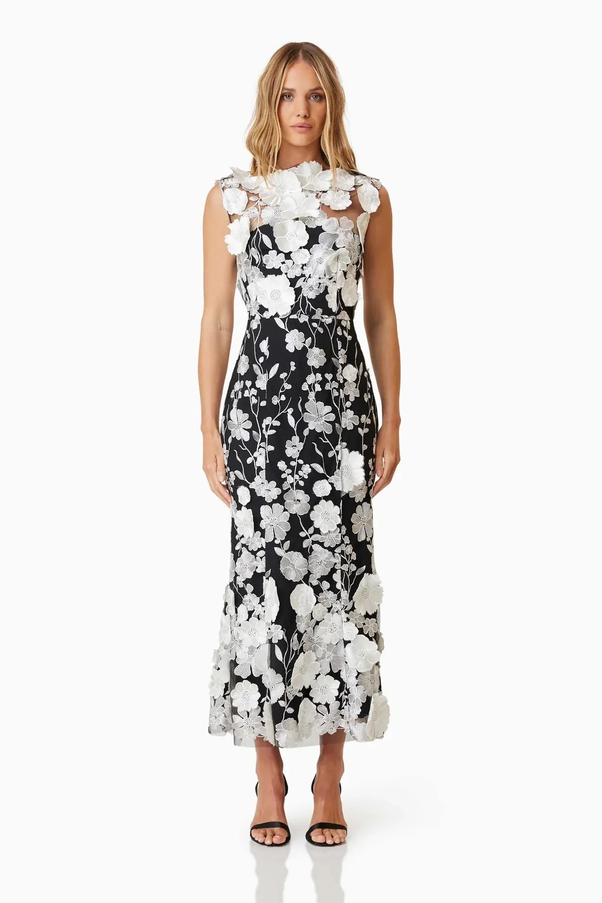 Floral Applique Dress - Black/White