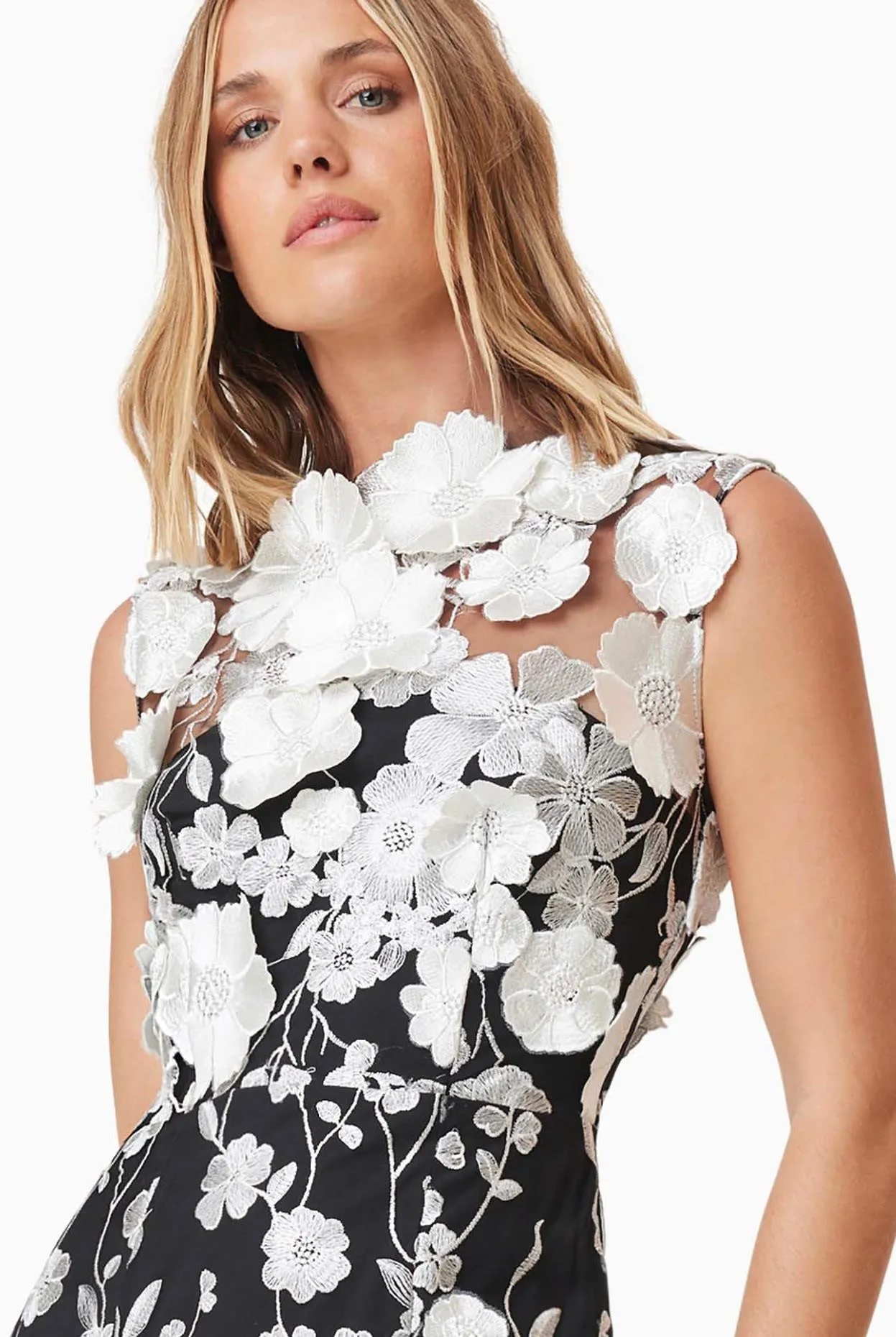 Floral Applique Dress - Black/White