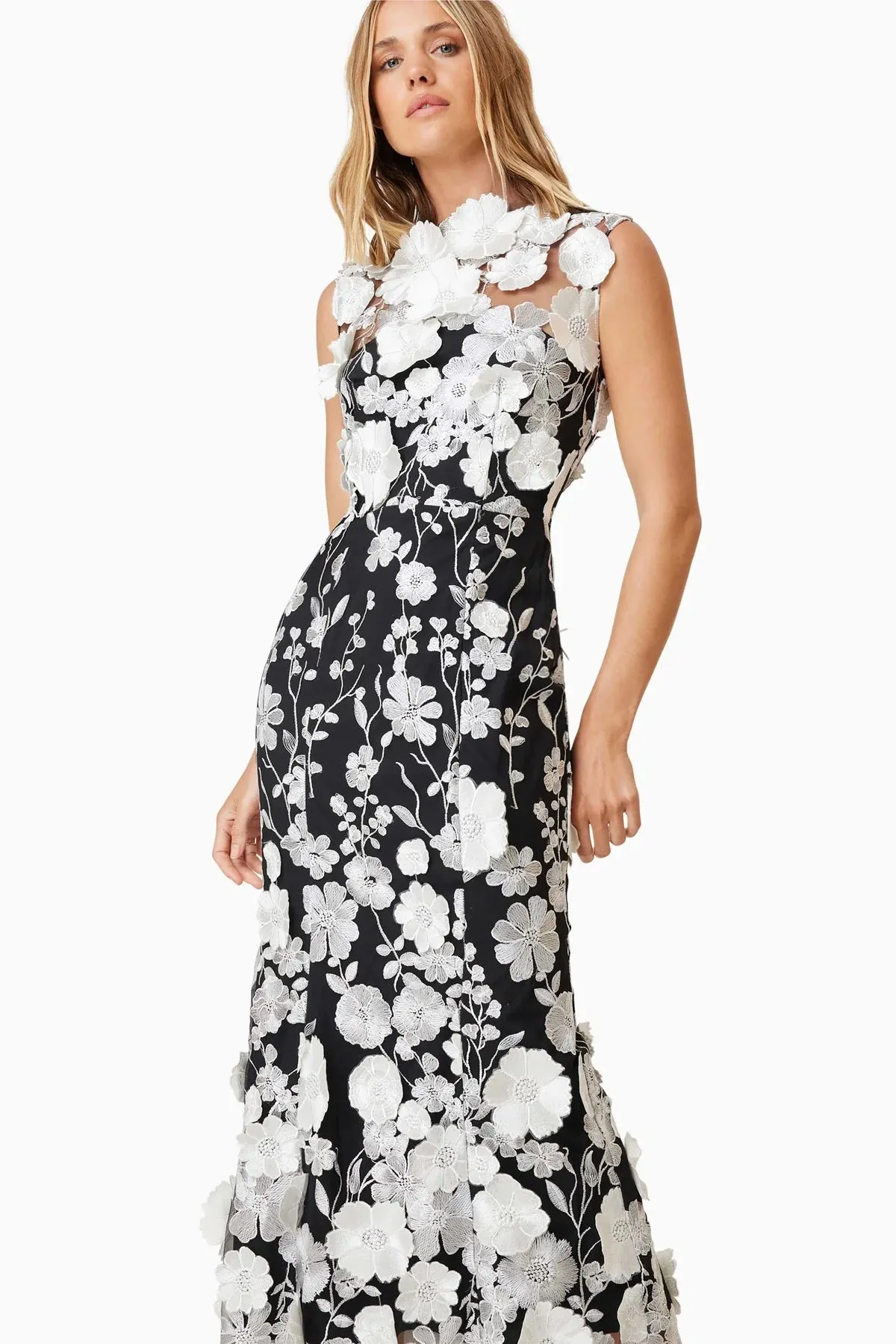 Floral Applique Dress - Black/White