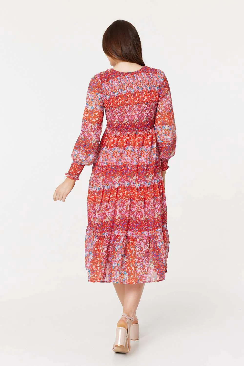 Floral Long Puff Sleeve Smock Dress