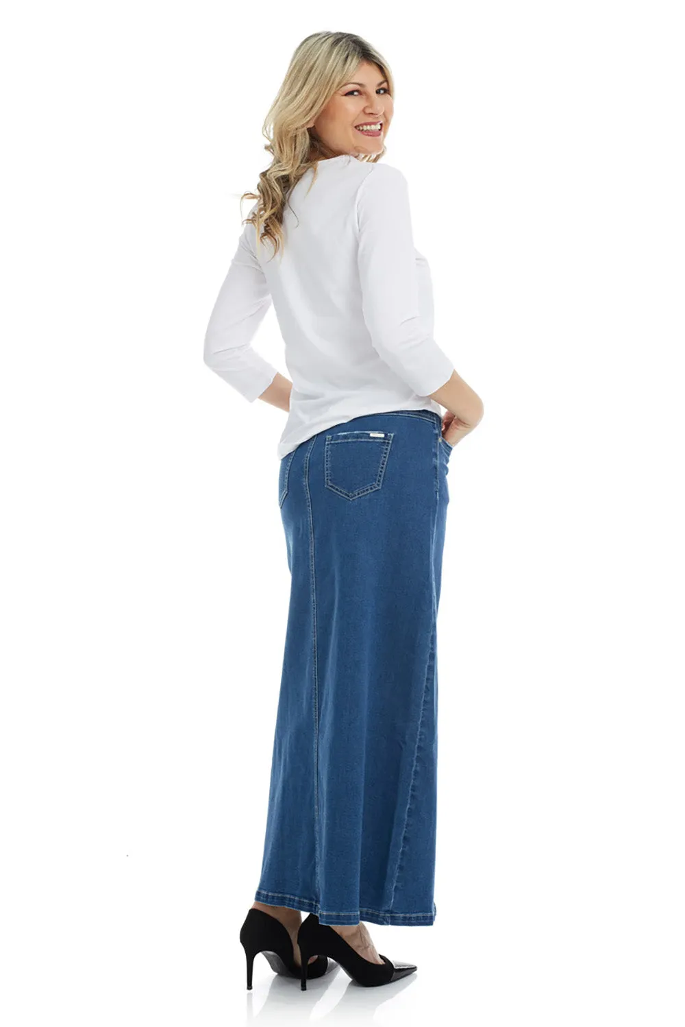 Georgia Maxi Skirt - Stretch Denim, Modest, Long A-Line Design - CLASSIC BLUE