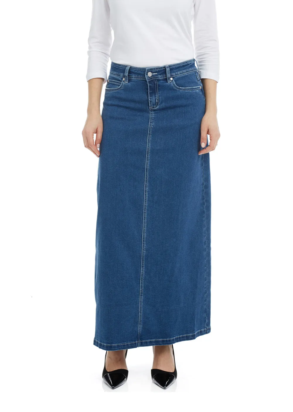 Georgia Maxi Skirt - Stretch Denim, Modest, Long A-Line Design - CLASSIC BLUE