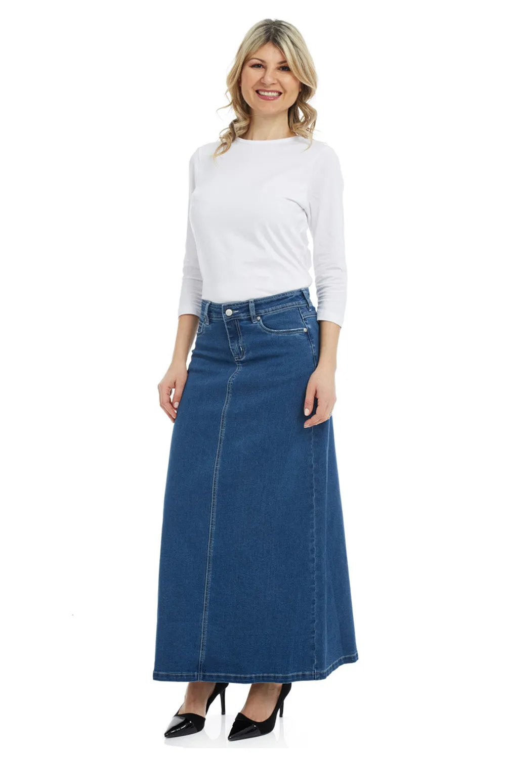 Georgia Maxi Skirt - Stretch Denim, Modest, Long A-Line Design - CLASSIC BLUE