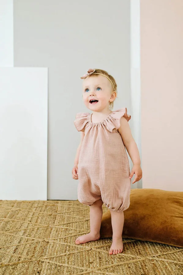 Girl's Organic-cotton Muslin Romper - Peach Pink