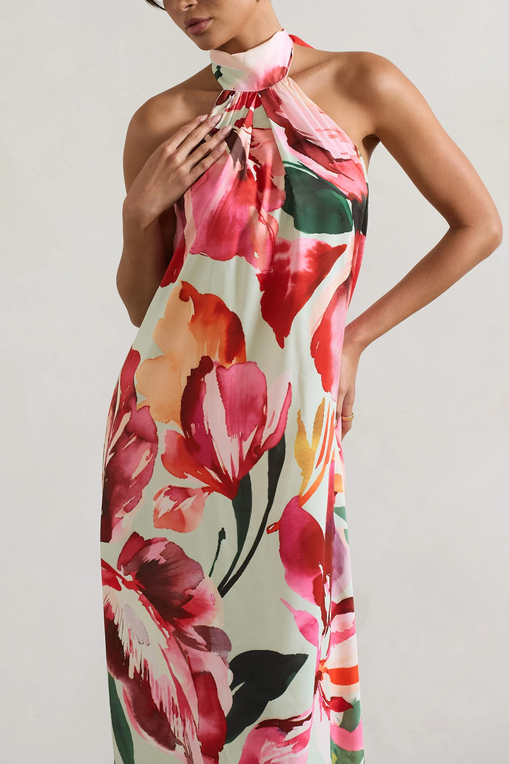 Gloriana | Mint Floral Print Satin High-Neck Maxi Dress