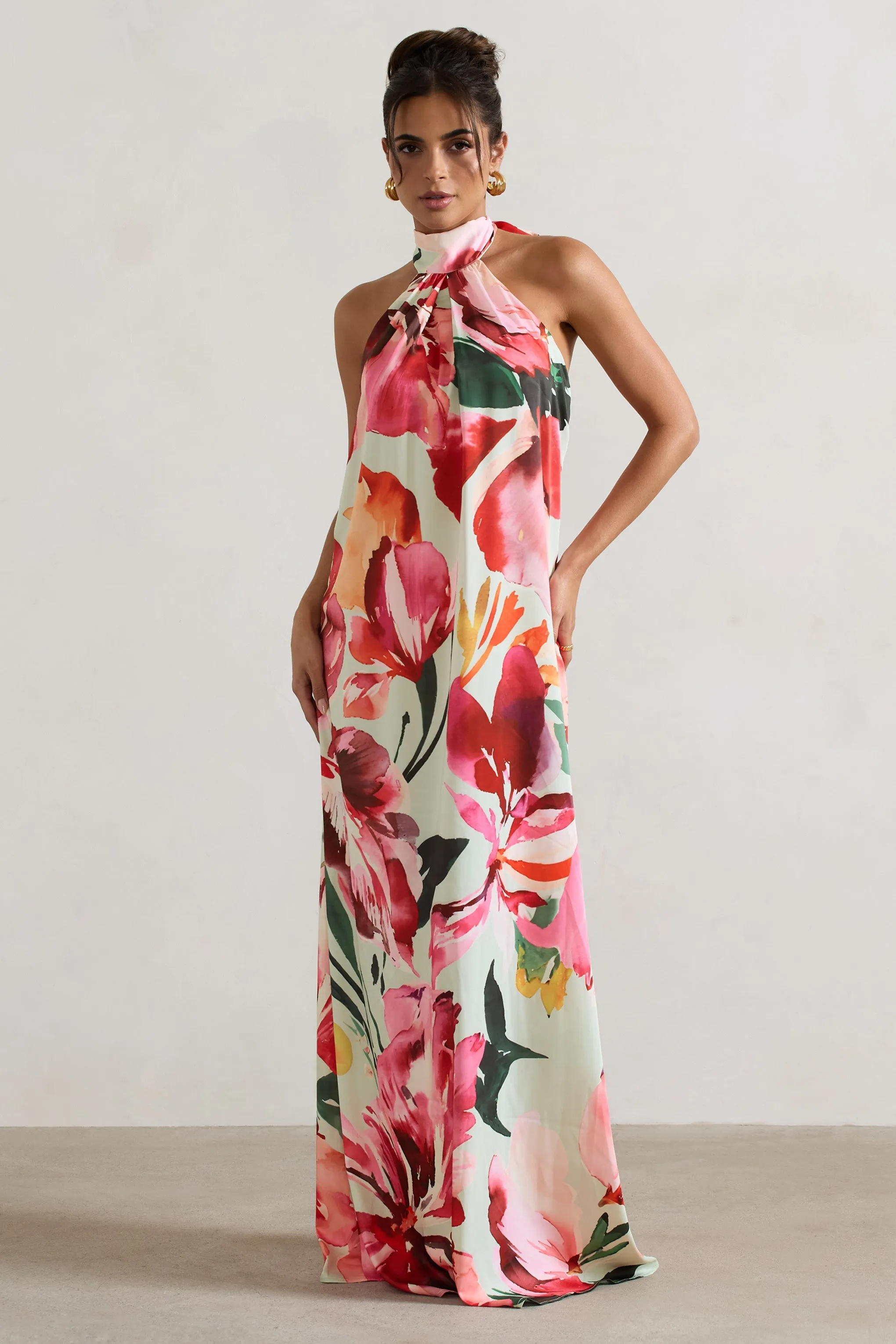 Gloriana | Mint Floral Print Satin High-Neck Maxi Dress