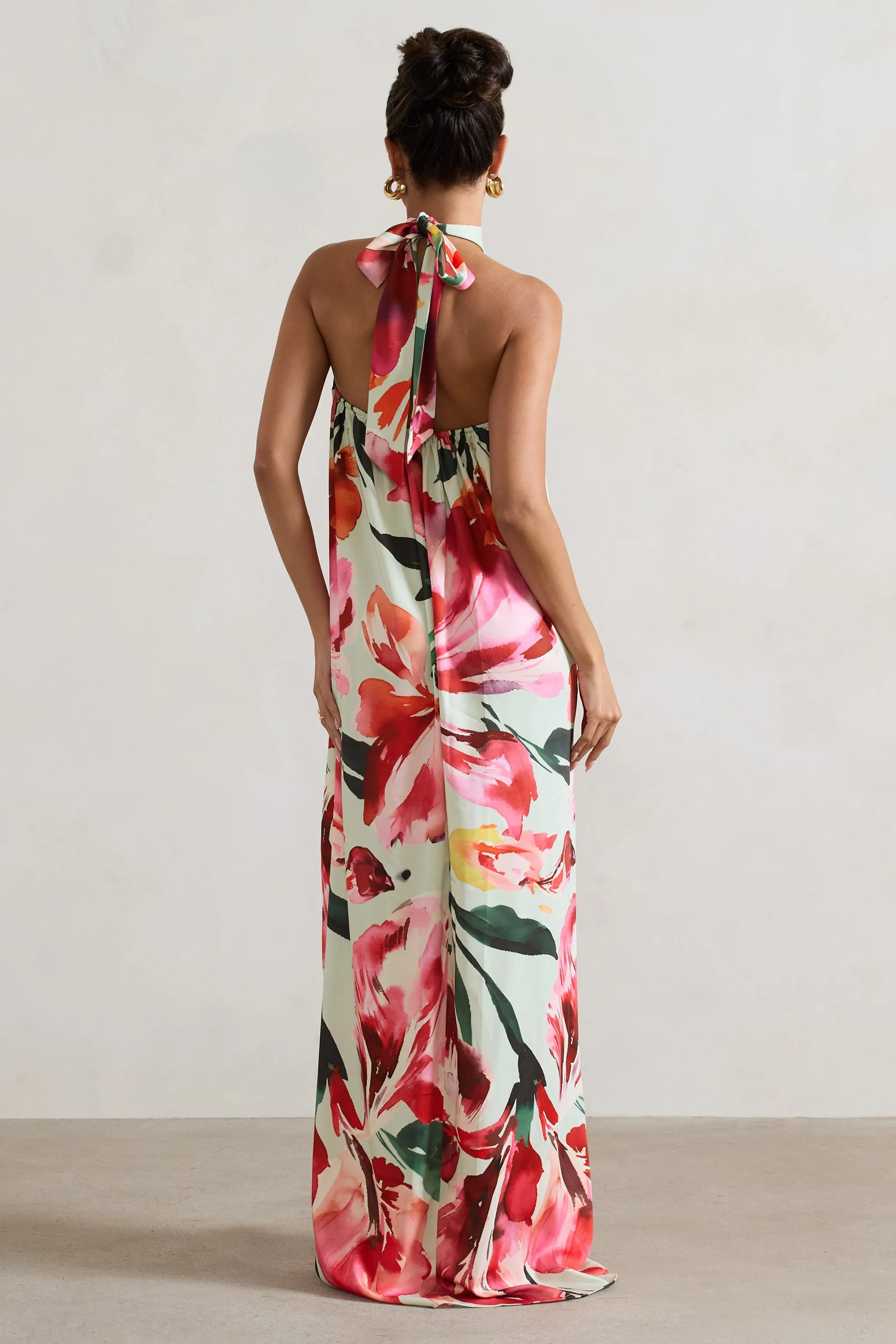 Gloriana | Mint Floral Print Satin High-Neck Maxi Dress