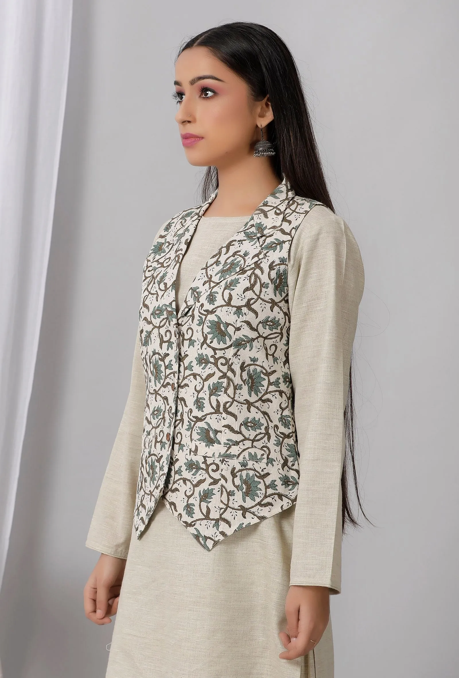 Green Block Printed Cotton Collar Khadi Blazer