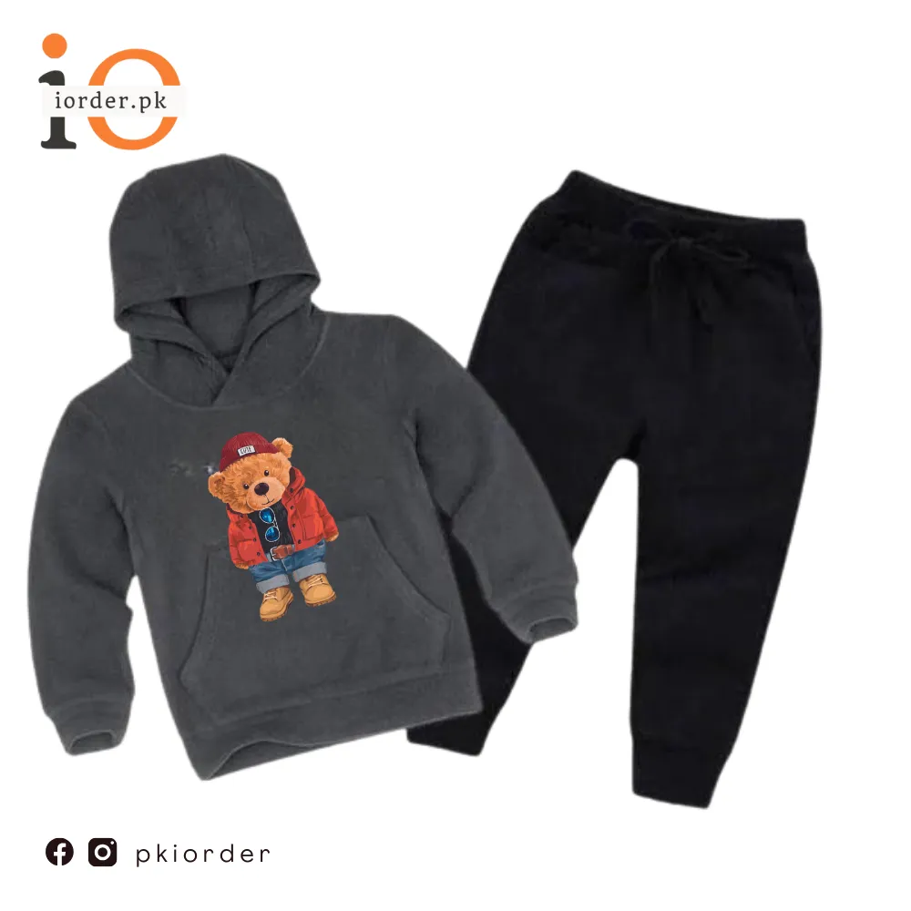 Grey Cute Bear Printed Kids Hoodie Set