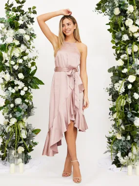 Halter Frill Satin Midi Dress / Blush