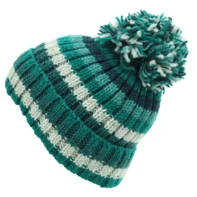 Hand Knitted Wool Beanie Bobble Hat - Stripe Teal