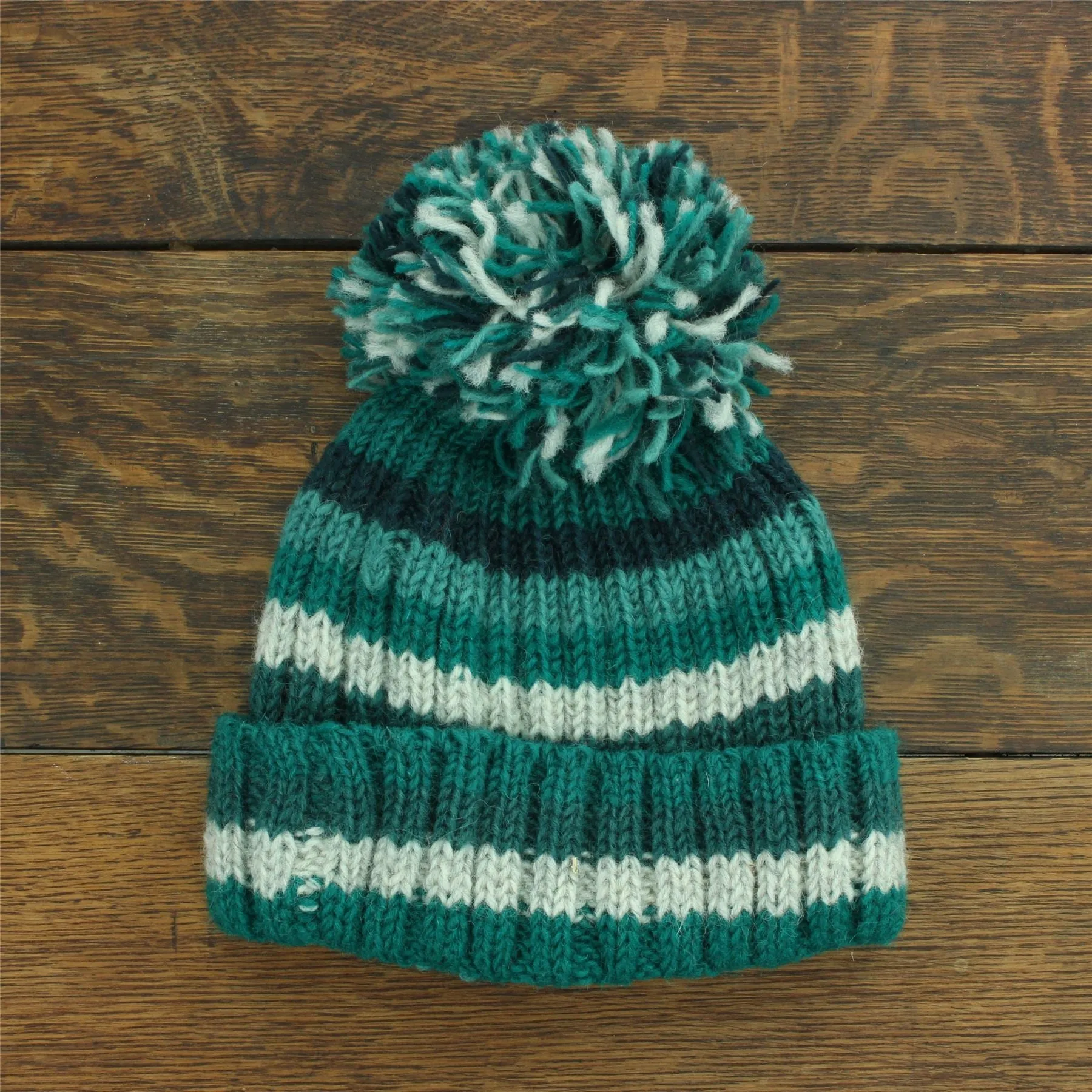 Hand Knitted Wool Beanie Bobble Hat - Stripe Teal