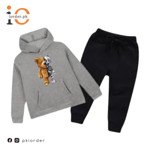 Hazel Grey Robo Bear Printed Kids Hoodie Set