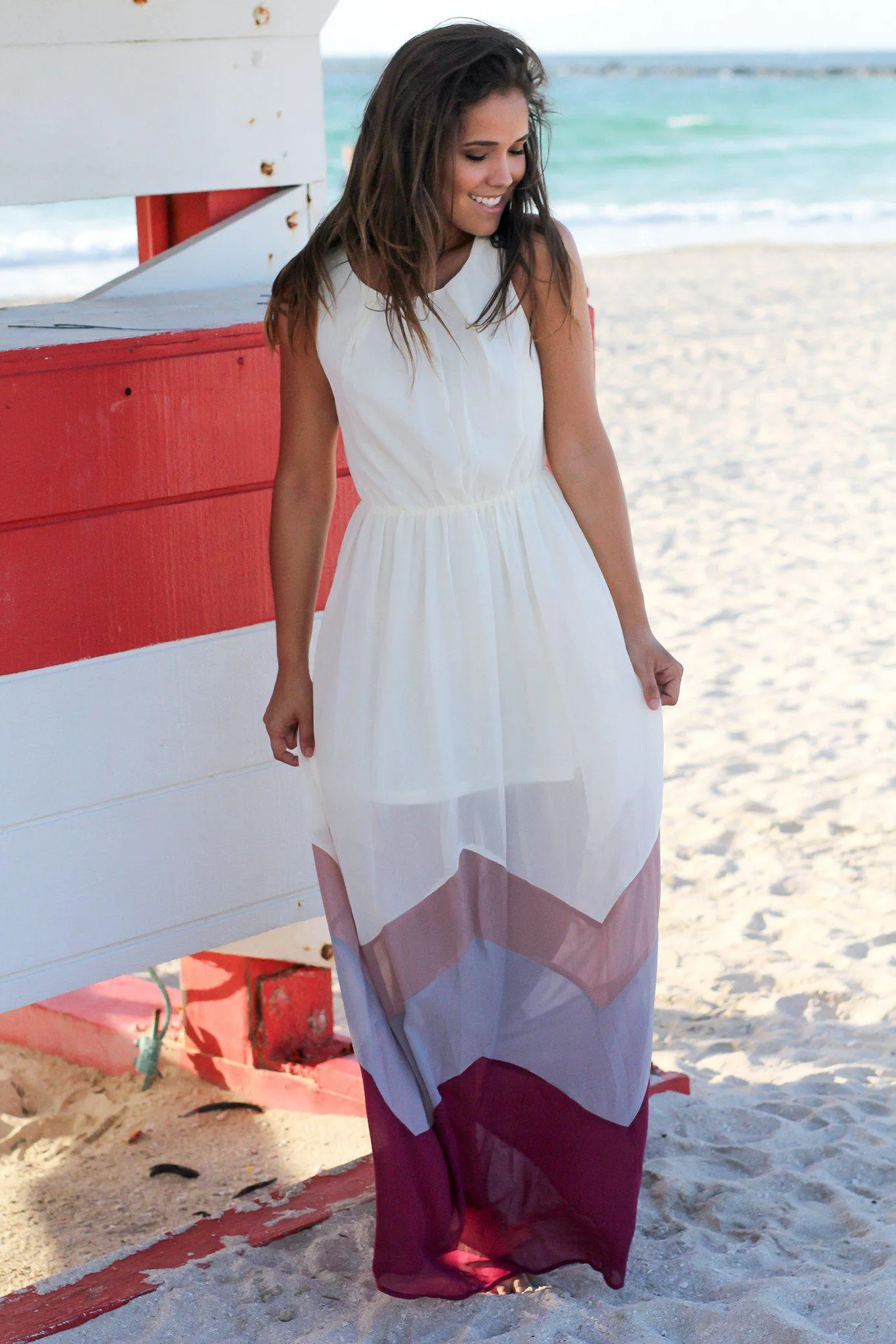 Ivory and Magenta Chevron Maxi Dress