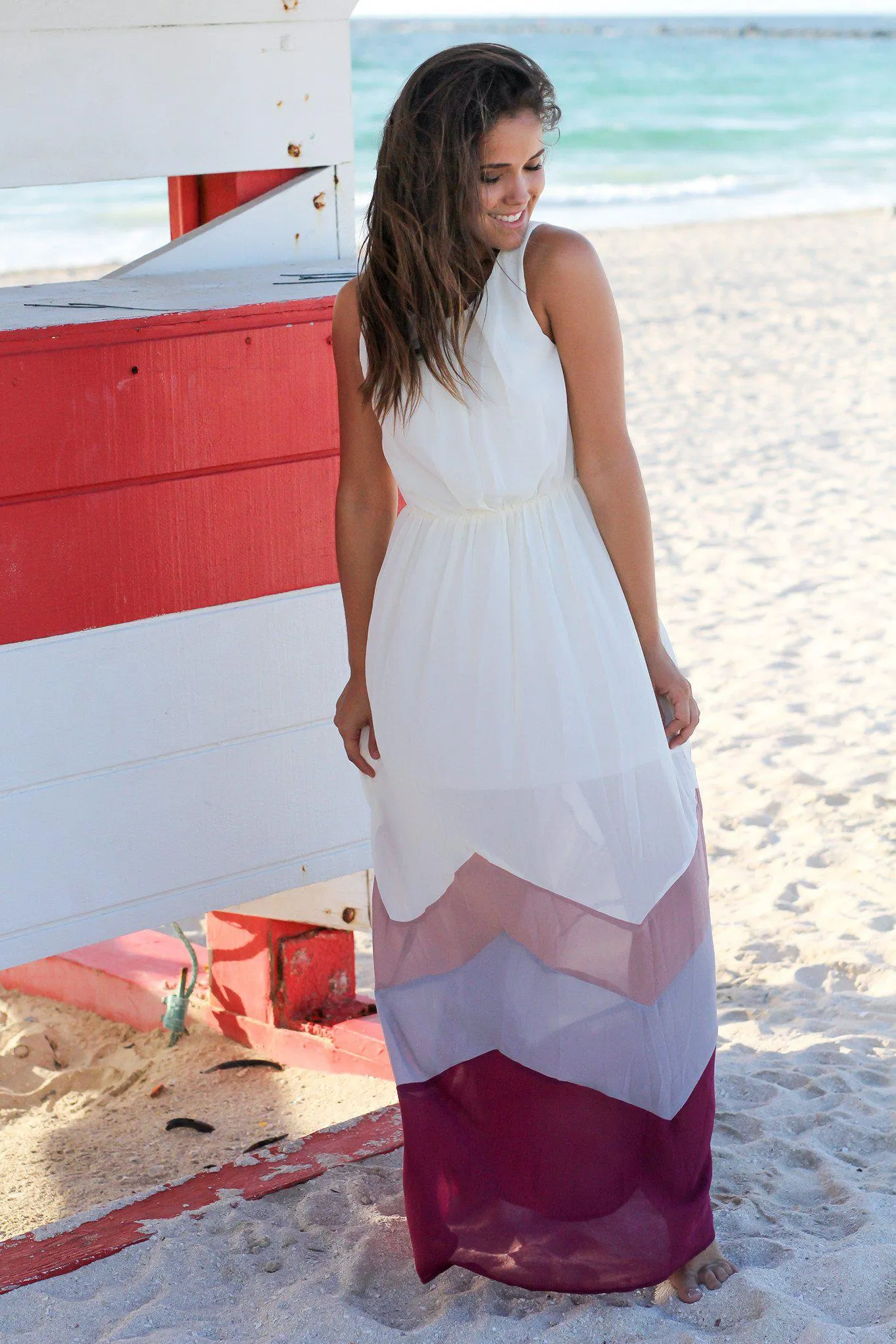 Ivory and Magenta Chevron Maxi Dress