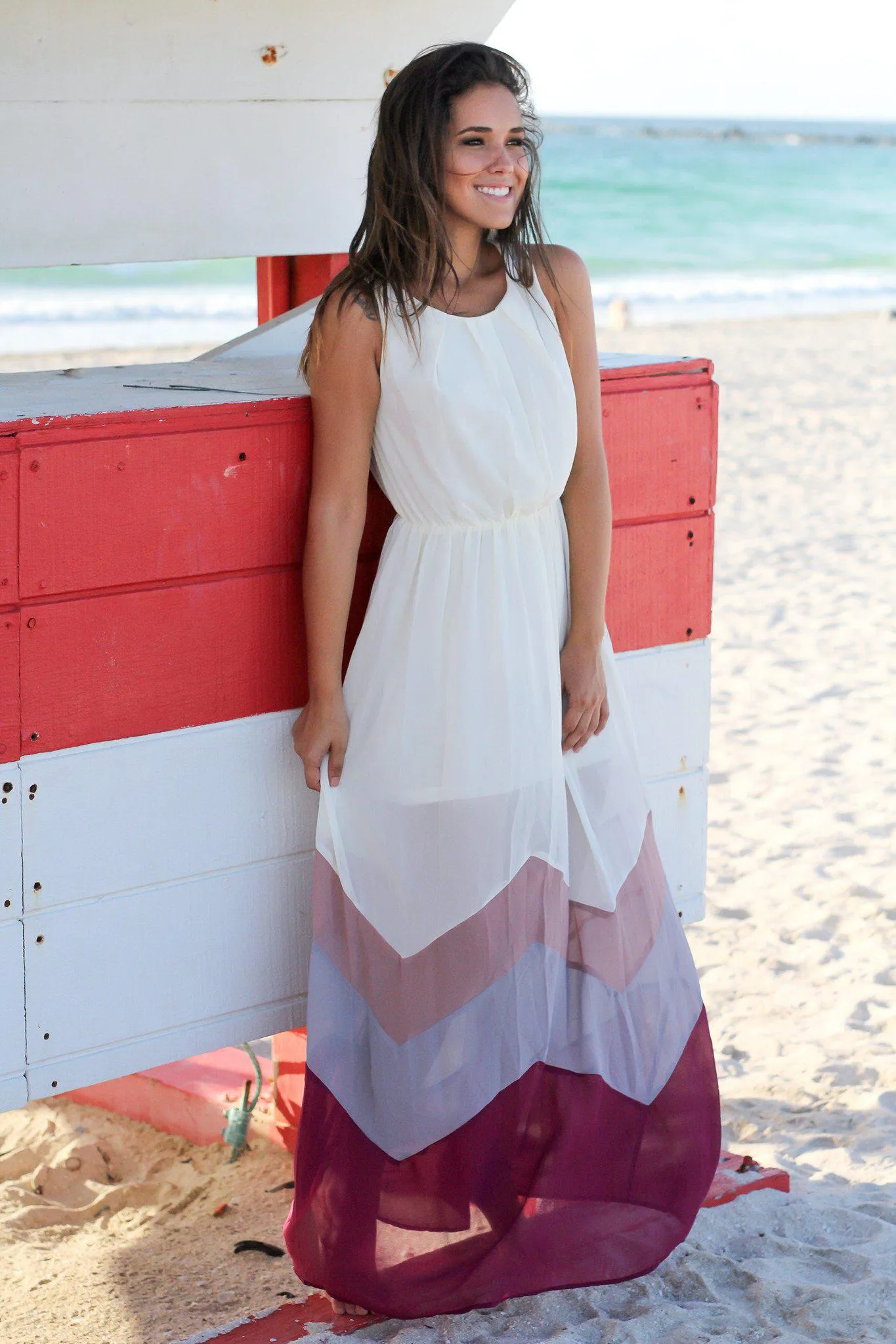 Ivory and Magenta Chevron Maxi Dress