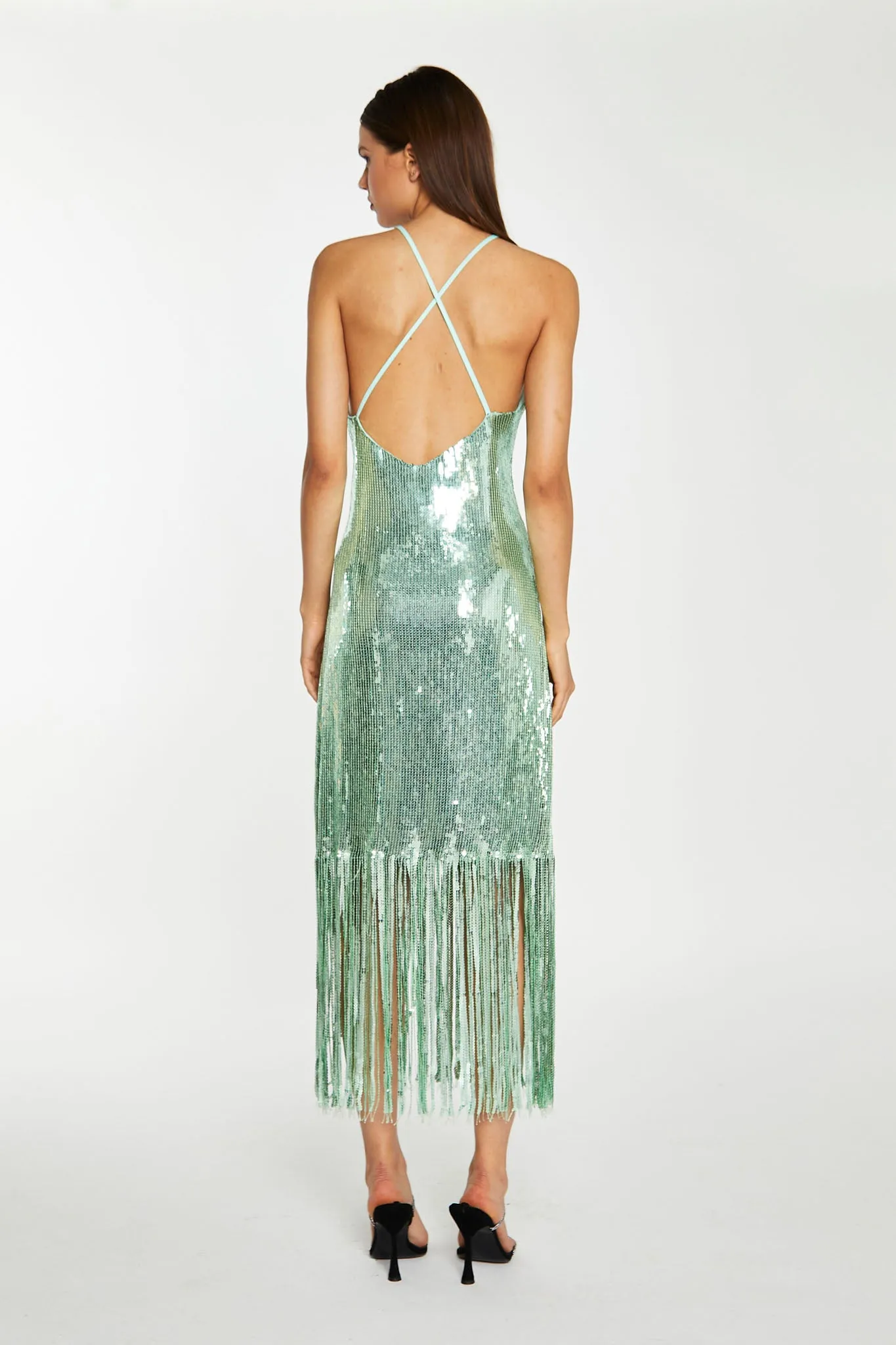 Jade-Sequin Cross Back Midi-Dress