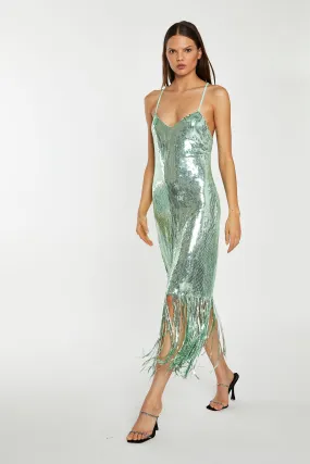 Jade-Sequin Cross Back Midi-Dress