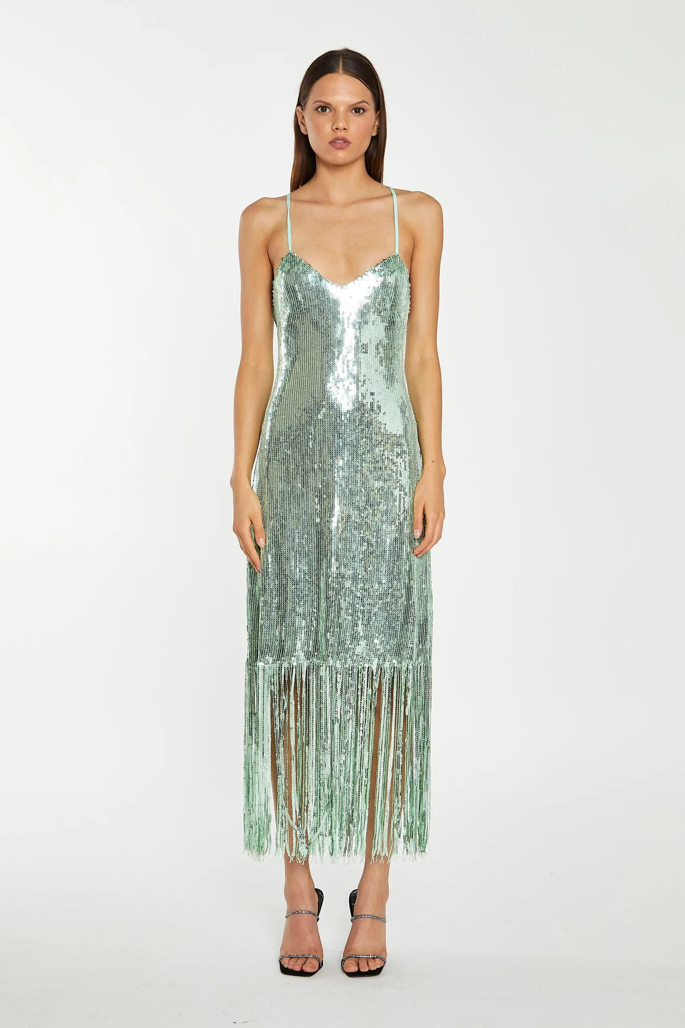 Jade-Sequin Cross Back Midi-Dress