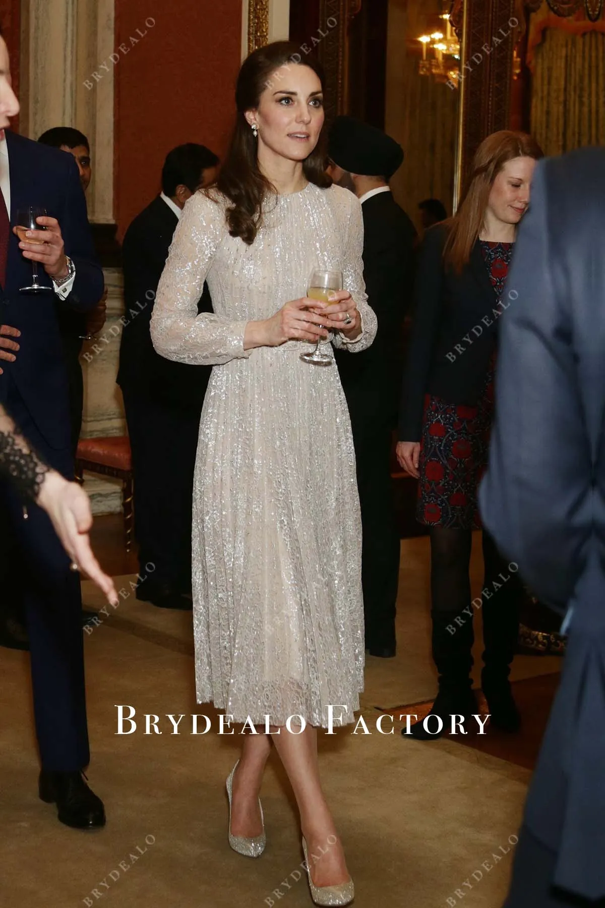 Kate Middleton Champagne Shimmer Midi Celebrity Dress 2017